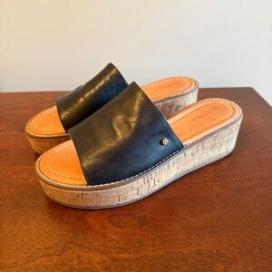 Black Leather Upper and Cork Platform Slip-On Sandals